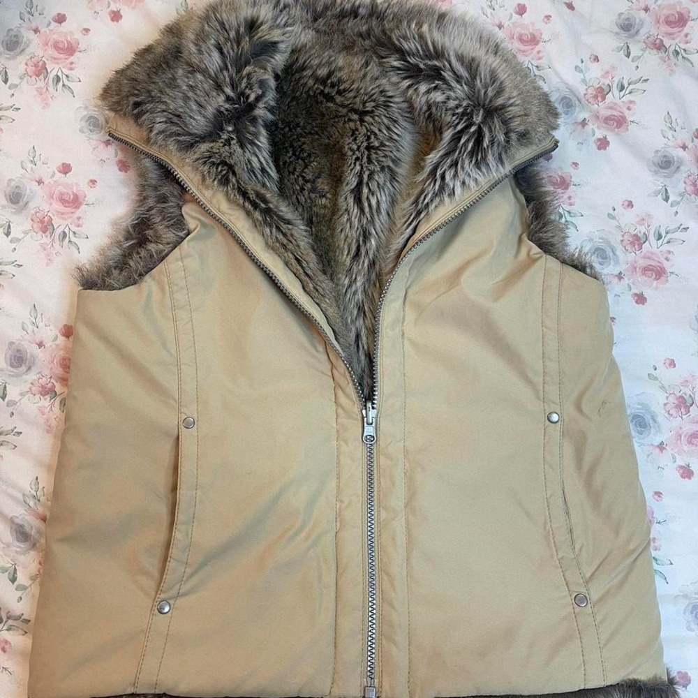 Faux Fur Lined Vest Tan‎ Sleeveless Jacket Size M